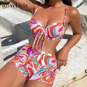 S - XL принтованный женский купальник бикини с высокой талией женский купальник из двух частей комплект бикини с чашечкой бюстгальтера купальный костюм для плавания S