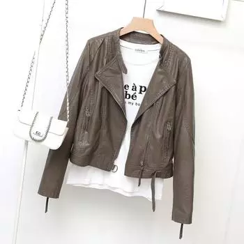 S-XL Простая кожаная куртка с воротником-стойкой Женский короткий мотоциклетный костюм Тонкая кожаная куртка