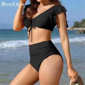 S-XL сексуальное бикини на шнуровке с рюшами и высокой талией, женский купальник, женский купальник, комплект бикини из двух частей, купальный костюм для плавания S чёрный