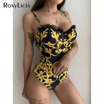 S-XL сексуальный бюстгальтер с принтом и чашкой пуш-ап цельный купальник женский купальник женский кружевной с оборками купальный костюм купальный костюм для плавания S чёрный/золотой