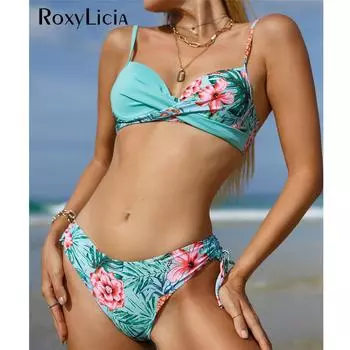 S-XL сексуальный бюстгальтер с цветочным принтом и цветочным принтом, женский купальник, женский купальник, комплект из двух частей, бикини с чашкой, купальный костюм, купальный костюм S синий