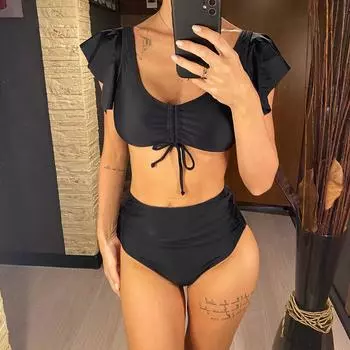 S-XL сексуальный кружевной оборчатый бикини с высокой талией женский купальник женский купальник из двух частей комплект бикини купальный костюм купальный костюм S жёлтый