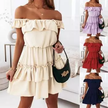 S-XXL Новое летнее женское однотонное платье с рюшами и двухслойной отделкой, длинное платье S темно-синий