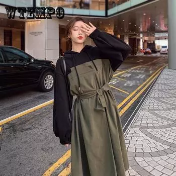S-XXL Среднее икроножное платье свитер с поясом Женщины Весна и осень Плюс Размер с капюшоном Длинный рукав Свободное платье Утолщенный хлопок M зелёный