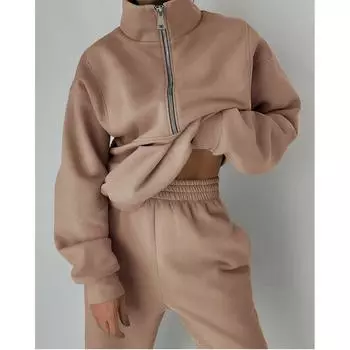 S-XXL женский утолщенный модный повседневный костюм, свитер на молнии, брюки, комплект из двух предметов S розовый