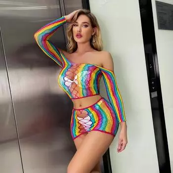 S-XXXL Боди Нижнее белье женское белье с открытой промежностью Эротическое белье Радужные сетчатые колготки Платье Женская сексуальная экзотическая одежда S-XXXL