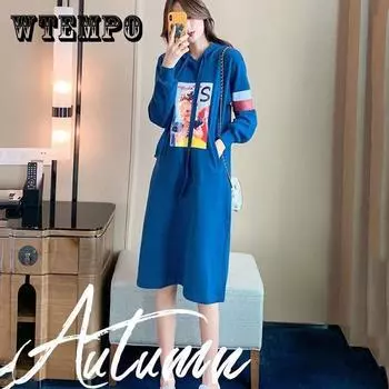 S-XXXL Платье-свитер средней длины Женское весенне-осеннее свободное платье для отдыха больших размеров с капюшоном и длинными рукавами XXXL чёрный