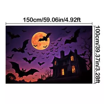 С Замком, Летучими мышами, Элементами Полной Луны - Хэллоуинский Фон-Гобелен для Фотобудки, Вечеринки, Праздника, Декора Стен 150*100cm/59*39in/5*3ft