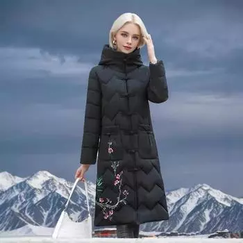 С застежкой-молнией, вышитая в китайском этническом стиле хлопковая подкладка, средняя и длинная женская зимняя одежда выше колена, ретро-пряжка M [Recommended below 52.5kg] розы красного