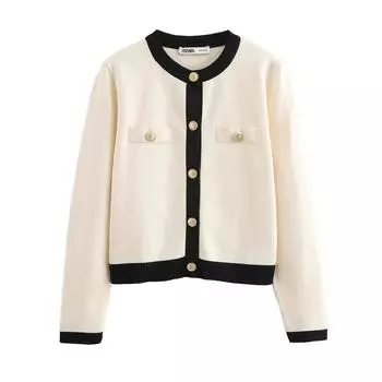 С золотыми пуговицами Traf осень/зима модный цветной короткий круглый вырез женский вязаный кардиган S чёрный