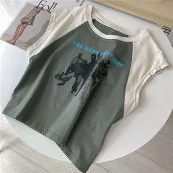 SA Small Tree 2025 Summer Raglan Contrast Color Sleeveless Fashion Print T-Shirt Female Flying Sleeve Retro Loose Casual Top Green M