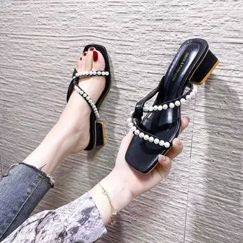 Сабо с пряжкой на ремешке и каблуком, прозрачные сандалии 2024 года, летняя удобная обувь для женщин, женский бежевый толстый высокий блок, новые низкие туфли для девочек 35 бежевый