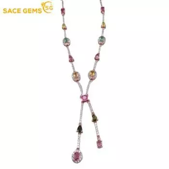 SACE GEMS 925 Sterling Silver 3*4mm Natual Tourmaline Pendant Necklace for Women Wedding Cocktail Party Fine Jewelry Gifts разноцветный