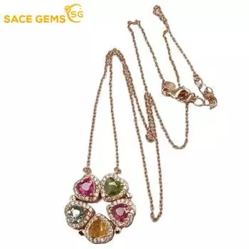 SACE GEMS 925 Sterling Silver 5*5MM Natual Tourmaline Pendant Necklaces for Womne Engagement Cocktail Party Fine Jewelry разноцветный