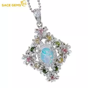SACE GEMS 925 Sterling Silver Certified 6*8MM Natual Opal Pendant Necklaces for Womne Engagement Cocktail Party Fine Jewelry белый