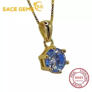 SACE GEMS D Цвет 1CT Муассанит Бриллиантовое Ожерелье для Женщин Круглый Кулон Сертификаты Стерлингового Серебра S925 Свадебные Украшения Подарок Gold Color 1CT белый