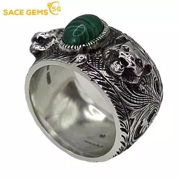 SACE GEMS Голова тигра 6*9 мм малахитовое мужское кольцо из стерлингового серебра 925 пробы ювелирные изделия свадебный подарок на помолвку 7 зелёный