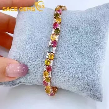 SACE GEMS из стерлингового серебра 925 пробы с натуральным турмалином и драгоценным камнем, браслеты для женщин, помолвка, коктейльная вечеринка, изысканные ювелирные изделия 16-20cm разноцветный