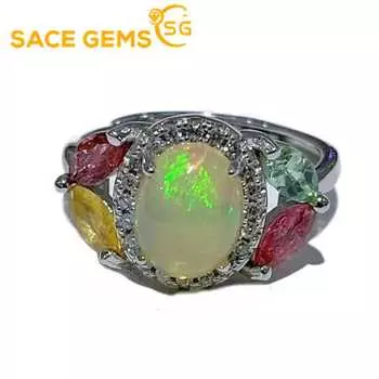 SACE GEMS из стерлингового серебра 925 пробы 7*9 мм с натуральным опалом и турмалином, кольца для женщин, обручальные, коктейльные, вечерние, изысканные ювелирные изделия Open белый