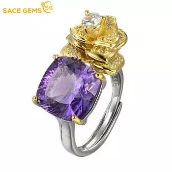 SACE GEMS из стерлингового серебра 925 пробы, изменяемого размера, роскошные кольца с натуральным аметистом для женщин, обручальные, коктейльные, вечерние, изящные ювелирные изделия, подарок Open фиолетовый