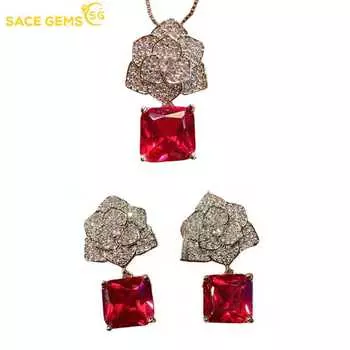 SACE GEMS, классические роскошные серьги из медного сплава, квадратные 10*10 мм, розово-красный цвет, серьги с цирконом, ожерелье, комплекты ювелирных изделий, подарки для свадебной вечеринки красный