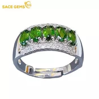 Sace Gems Кольца из стерлингового серебра 925 пробы 3*5 мм с натуральным диопсидом, драгоценные камни для женщин, помолвка, коктейльная вечеринка, изящные ювелирные изделия Open зелёный