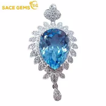 SACE GEMS Небесно-Голубой Топаз Подвеска Стерлингового Серебра 925 пробы Ожерелье для Женщин Повседневная Вечеринка Изящные Ювелирные Изделия Подарок синий