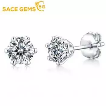 SACEGEMS 0,5-1CT Сертифицированные серьги-гвоздики с муассанитом для женщин с платиновым покрытием стерлингового серебра с бриллиантами Свадебные украшения 0.5ct белый