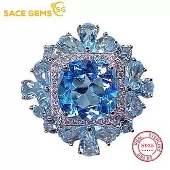SACEGEMS стерлингового серебра 925 пробы 10 мм натуральный швейцарский синий топаз с драгоценными камнями кольца для женщин обручальные коктейльные вечерние ювелирные изделия Open синий