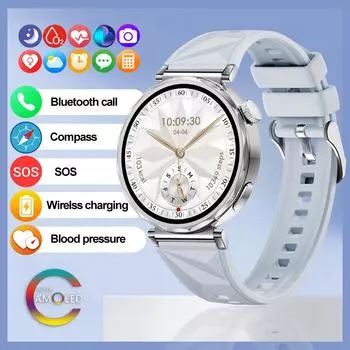 SACOSDING 1,3-дюймовые круглые часы AMOLED с мини-ремешком для женщин, водонепроницаемые умные часы с измерением сердечного ритма и артериального давления с 2 ремешками