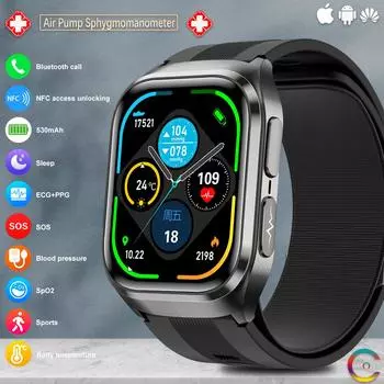 SACOSDING ECG+PPG Воздушный насос Подушка безопасности Обнаружение артериального давления Смарт-часы Мужчины Женщины Частота сердечных сокращений Кислород в крови Здоровье Смарт-часы для Android IOS