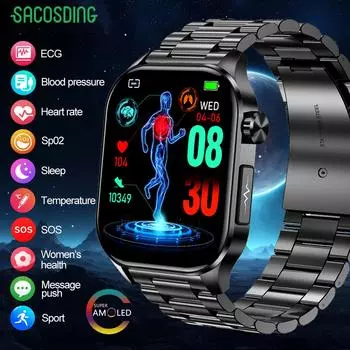 SACOSDING ECG Smartwatch SOS Bluetooth Call Водонепроницаемые спортивные Smart Watch 2.04 Amoled HD экран Мужские браслеты для мониторинга здоровья Совместимость с Xiaomi