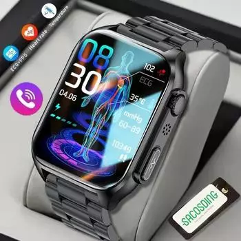 SACOSDING NFC+ЭКГ+PPG Смарт-часы Bluetooth Звонок Автоматический инфракрасный датчик кислорода в крови Частота сердечных сокращений Кровяное давление Мониторинг здоровья Водонепроницаемые часы чёрный