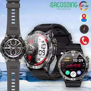 SACOSDING Спортивные смарт-часы для мужчин с функцией Bluetooth, IP68, водонепроницаемый экран AMOLED, компас, умные часы 2024 года, новая модель