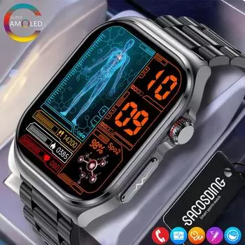 SACSODING Новые умные часы с ЭКГ-измерением артериального давления и кислорода в крови для мужчин и женщин, 2,04-дюймовый 368*448 AMOLED сенсорный экран с полным сенсорным экраном и мониторингом сердечного ритма