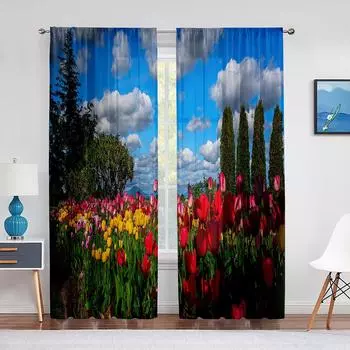 Сад Тюльпан Цветок Поле Деревья Прозрачная Вуаль Шторы для Гостиной Спальни Балкона Декор Партии Тюлевые Шторы Обработка Окна 1 PCS W100XH250cm&Rod Pocket