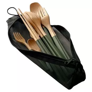 SADOMAIN camping cutlery suitable for a family of 4 2 with mesh outdoor beech wood outdoor 10-piece set, (2 adults, children), case, (olive) оливковый