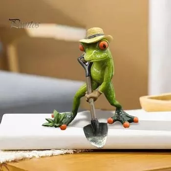 Садовая лягушка, держащая лопату, зеленая лягушка, смоляная статуэтка, фермерское животное, скульптура, украшение для домашнего офиса, рабочего стола, украшение для сада в помещении и на открытом воздухе зелёный