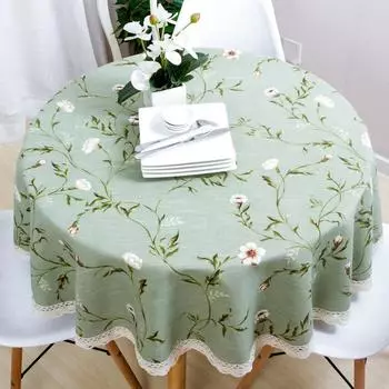Садовая скатерть из хлопка с маленьким цветочным принтом, льняная европейская круглая скатерть в американском стиле, зеленое волнистое кружевное украшение для вечеринки Round Diameter 90cm