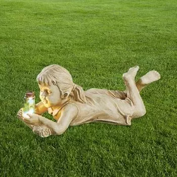 Садовая скульптура с солнечной подсветкой, детский дизайн, винтажная статуя мальчика и девочки из смолы для патио Boy