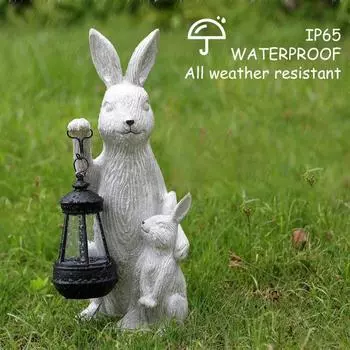 Садовая солнечная статуя кролика с фонарем, светодиодная подсветка, водонепроницаемая скульптура кролика на открытом воздухе