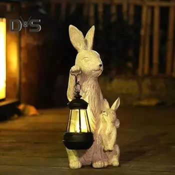 Садовая солнечная статуя кролика с фонарем, светодиодная подсветка, уличная скульптура кролика, водонепроницаемая смоляная фигурка кролика для пасхального патио, двора, газона, декора Rabbit