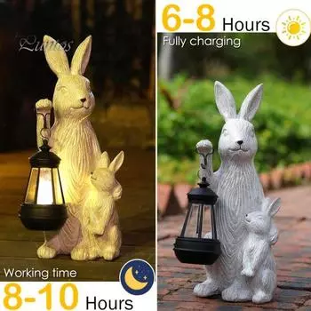 Садовая солнечная статуя кролика с фонарем, светодиодная подсветка, уличная скульптура кролика, водонепроницаемая смоляная фигурка кролика для пасхального патио, двора, газона, декора Rabbit