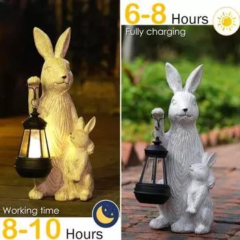 Садовая солнечная статуя кролика Yousheng с фонарем, светодиодной подсветкой, уличная скульптура кролика, водонепроницаемая резиновая фигурка кролика для пасхального патио, двора, газона, декора Rabbit