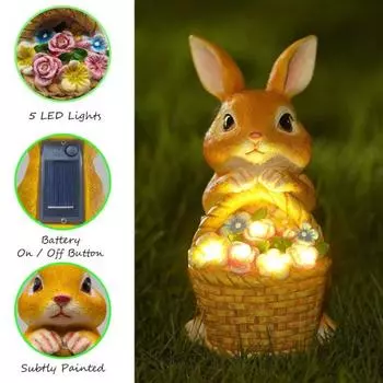 Садовая статуэтка кролика на солнечной батарее с 5 светодиодными лампами, цветочная корзина, кролик из смолы для улицы жёлтый