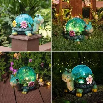 Садовая статуя черепахи на солнечных батареях для наружного декора с треснувшим стеклом, светодиодная фигурка, освещающая фигурку, смоляные сочные украшения в виде черепахи для патио, газона, дома C