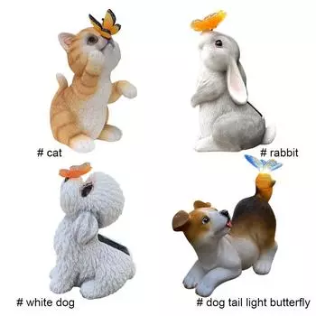 Садовая статуя кошки/кролика/собаки, бабочка, солнечный свет, декоративные реалистичные скульптуры животных из мультфильмов, украшение для наружного газона и двора Cat