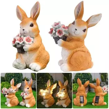Садовая статуя кролика с цветочным светильником на солнечной батарее, водонепроницаемая скульптура кролика для декора двора и сада на открытом воздухе