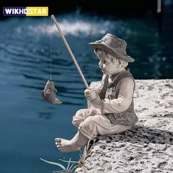 Садовая статуя «Мальчик, отправляющийся на рыбалку», украшения для двора, смоляная скульптура рыбака, забавная скульптура для газона, украшение для дома, поддержка дропшиппинга ярко-розовый
