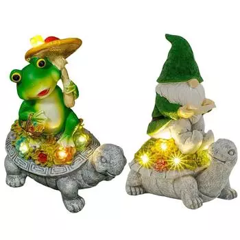 Садовая статуя солнечной лягушки с солнечными светодиодными лампами, суккулентные растения, гном, сидящий на черепахе, статуэтка, уникальный подарок на новоселье B
